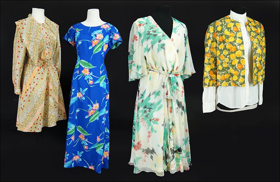 A Ruth McCulloch Chiffon Floral Print Dress.: A Ruth McCulloch Chiffon Floral Print Dress. Together with an additional floral pattern maxi dress, a Parues Feinstein floral pattern dress with belt, an additional floral pattern cropped jacket, and 