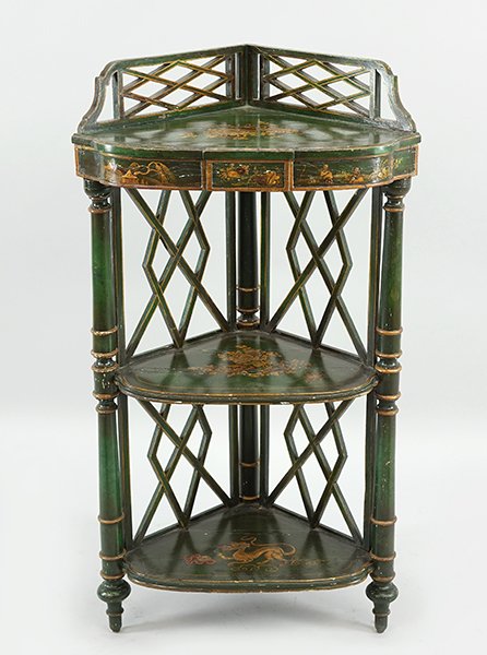 A Chinoiserie Corner Etagere.: A Chinoiserie Corner Etagere. Green openwork corner table decorated with gold Asian motifs 36" x 19.5" x 13"