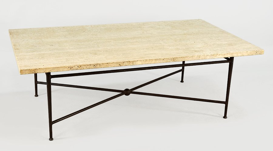 A Kreiss of California Cocktail Table.: A Kreiss of California Cocktail Table. Metal base with a travertine top. The dimensions of base are L48" x W27.25" x H18.875". The dimensions of the top are L59.875" x W33.875" x H1.375".