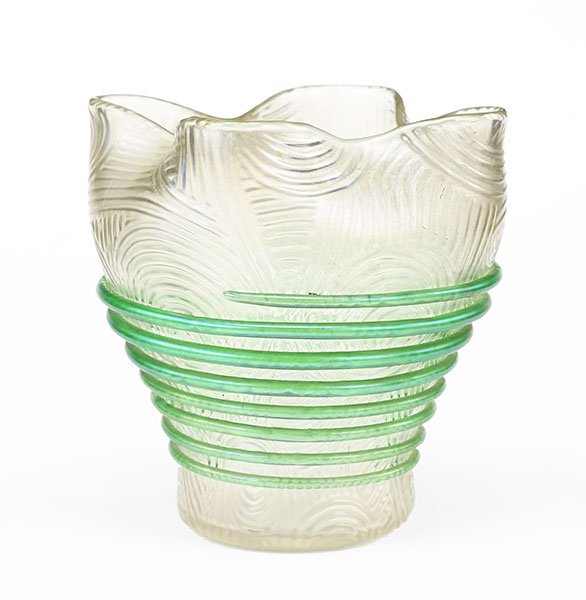 An Art Nouveau Iridescent Glass Bowl.: An Art Nouveau Iridescent Glass Bowl. Geometric molded body with green threaded decoration and a ruffled rim. Possibly Loetz 5" x 5"