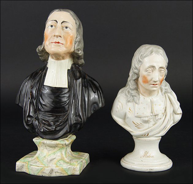 A 19th Century Staffordshire Pearlware Pottery Bust of: A 19th Century Staffordshire Pearlware Pottery Bust of 'John Wesley'. Together with a bust of 'John Milton' Height: 12"