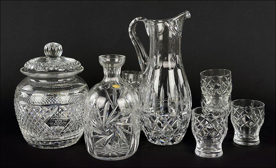 A Group Of Six Thomas Webb Cut Crystal Glasses.: A Group Of Six Thomas Webb Cut Crystal Glasses. Together with a cut crystal pitcher, a cut crystal decanter, and a cut crystal covered candy bowl bearing Dan Rostenkowski's etched signature Tallest: 1