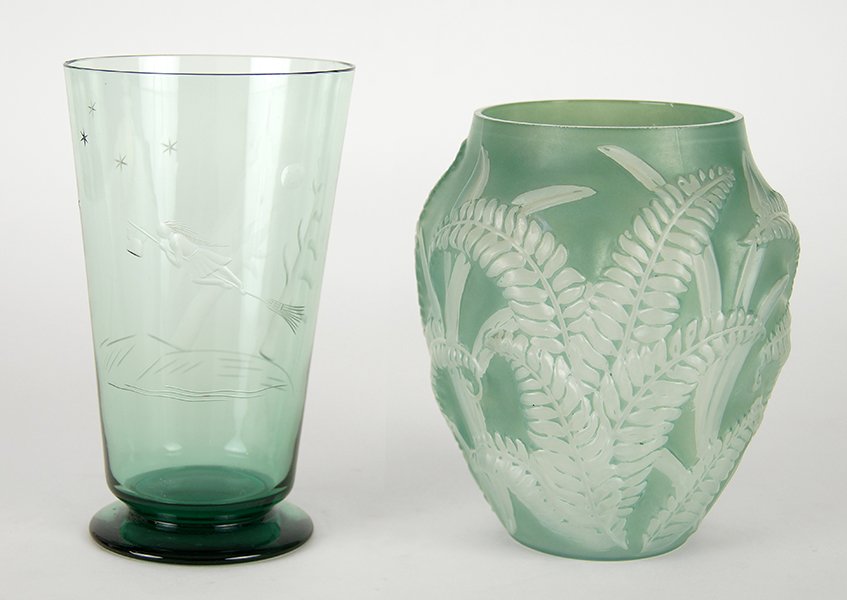 A Karhula Etched Green Glass Vase. (1 of 1)
