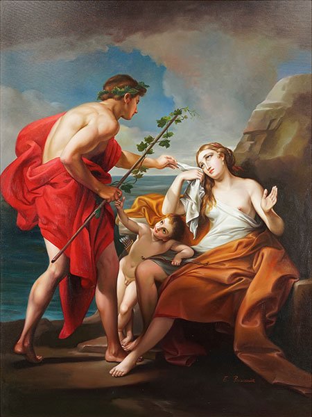 E. Beccania (Contemporary) Mythological Scene With: E. Beccania (Contemporary) Mythological Scene With Venus And Cupid. Oil on canvas. Signed lower right Canvas: 48" x 36" Frame: 58.5" x 47"