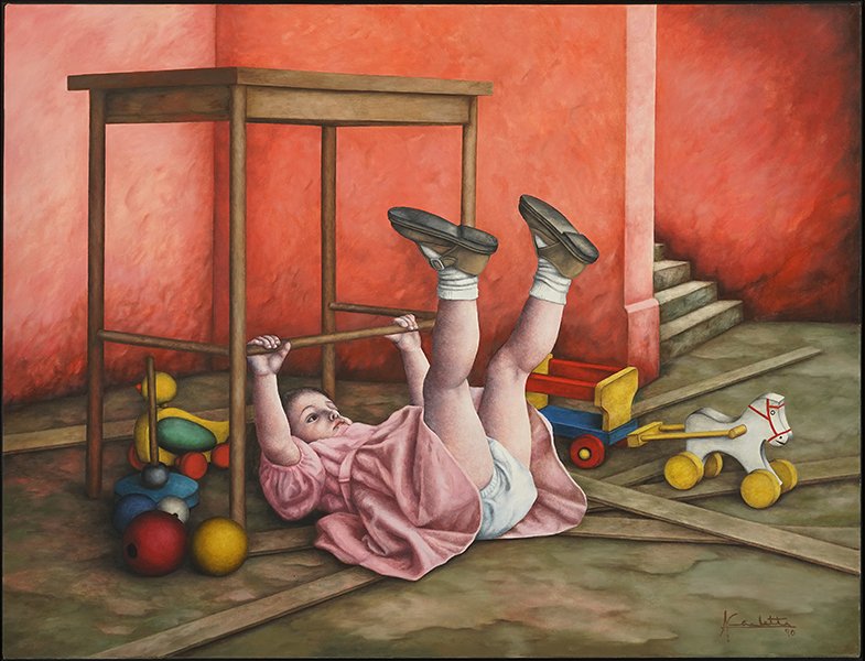 Alicia Carletti (Argentinian, B. 1946) New Shoes.: Alicia Carletti (Argentinian, B. 1946) New Shoes. Oil on canvas. Signed and dated "A. Carletti 90" Canvas: 39" x 51" Frame: 40.5" x 52.5"