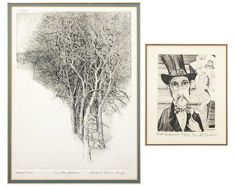 David Driesbach (American, B. 1922) C'est le Dernier.: David Driesbach (American, B. 1922) C'est le Dernier. Etching, edition 33/150. Pencil titled, numbered and signed along lower margin. Together with a Robert Bero etching titled "Winter Grove", edition