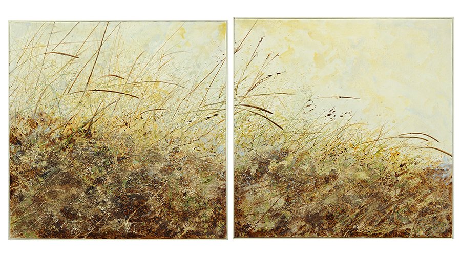 Hal Marks (20th Century) Prairie Grasses III.: Hal Marks (20th Century) Prairie Grasses III. Diptych acrylic on canvas. Both are signed, titled and dated 1982 en verso. Bearing a Marshall Field gallery tag en verso Each canvas: 36" x 36"