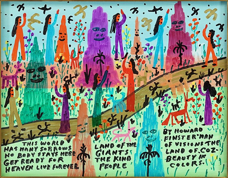 Howard Finster (American, 1916-2001) The Land of Coz -: Howard Finster (American, 1916-2001) The Land of Coz - Beauty in Colors. Oil on board, titled lower right, signed and dated April 8, 1990 en verso Board: 8" x 10" Frame: 10.5" x 12.5"