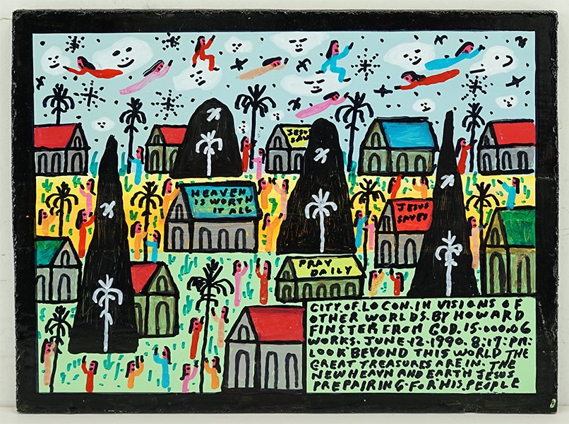 Howard Finster (American, 1916-2001) City of Locon.: Howard Finster (American, 1916-2001) City of Locon. Mixed media on board. Titled lower right, signed and dated June 12, 1990 en verso 8" x 10.75"