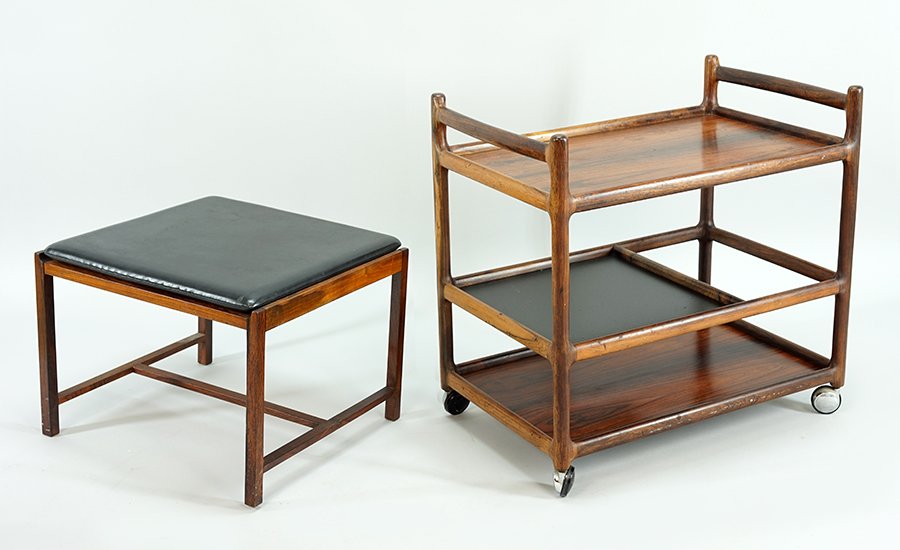 A Johannes Anderson for CFC Silkeborg Bar Cart.: A Johannes Anderson for CFC Silkeborg Bar Cart. Together with a Brode Blindheim stool Bar cart: 27" x 28" x 18", Stool: 15" x 21" x 20"