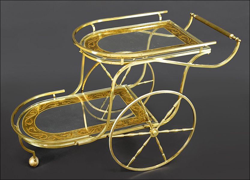 A Brass and Etched Glass Bar Cart.: A Brass and Etched Glass Bar Cart. 30" x 50" x 21"