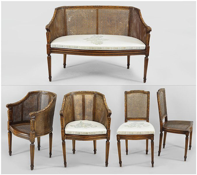 A Five-Piece Walnut and Rattan Parlour Suite. (1 of 1)