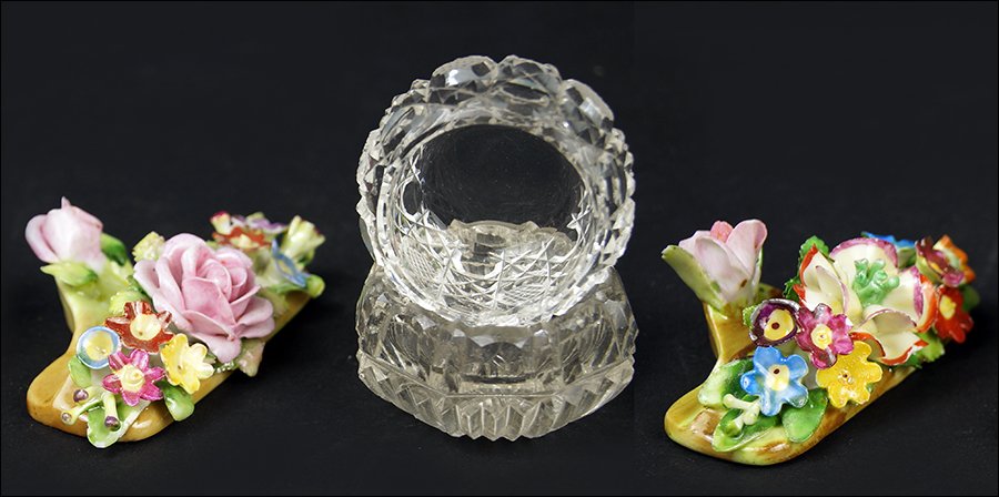 A Set of 23 German Porcelain Floral Placecard Holders.: A Set of 23 German Porcelain Floral Placecard Holders. Together with a set of six glass salt cellars, and a set of four glass salt cellars Placecard holder: 2.75"