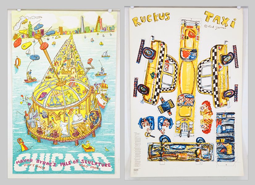 Red Grooms (American, B. 1937) Ruckus Taxi.: Red Grooms (American, B. 1937) Ruckus Taxi. Color lithograph, 1982. Together with twelve impressions of 'Mayor Byrne's Mile of Sculpture', Navy Pier, 1982. All unframed 'Ruckus' sheet: 36" x 24"