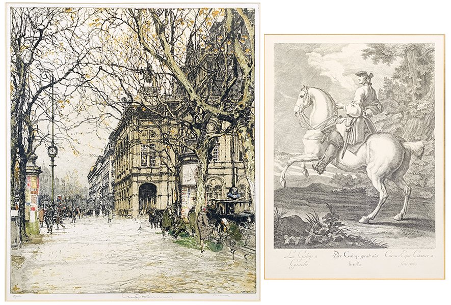 Luigi Kasimir (Austrian, 1881-1962) Vienna.: Luigi Kasimir (Austrian, 1881-1962) Vienna. Color aquatint. Pencil signed and titled along lower margin. Together with an engraving of "Le Galop a Gauche" after Johann Elias Ridinger (Sight: 15" x 11"
