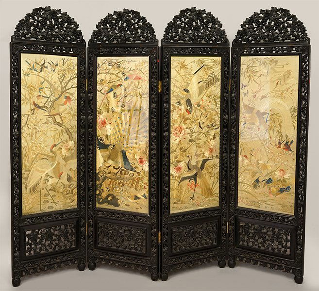A Chinese Carved Rosewood Four-Panel Screen. (1 of 10)