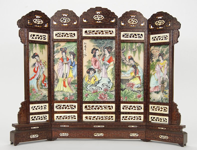 A Chinese Table Screen.: A Chinese Table Screen. A mahogany frame with five hand painted ceramic panels and decorated with carved bone inlay Overall: 17" x 21"