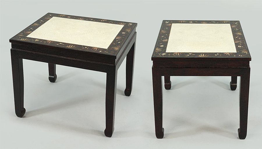 A Pair of Chinoserie Style Side Tables.: A Pair of Chinoserie Style Side Tables. Bearing a faux crackle finish to the tops Each: 22" x 26" x 22"