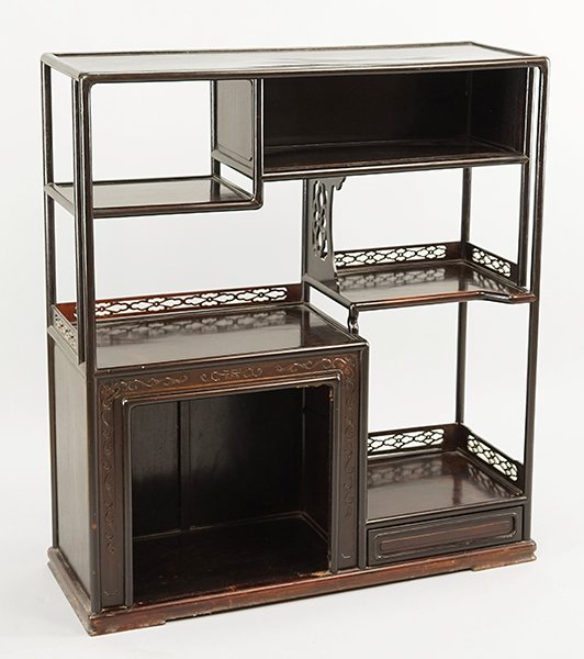 A Chinese Ebonized Wood Etagere.: A Chinese Ebonized Wood Etagere. 42" x 37.5" x 13"