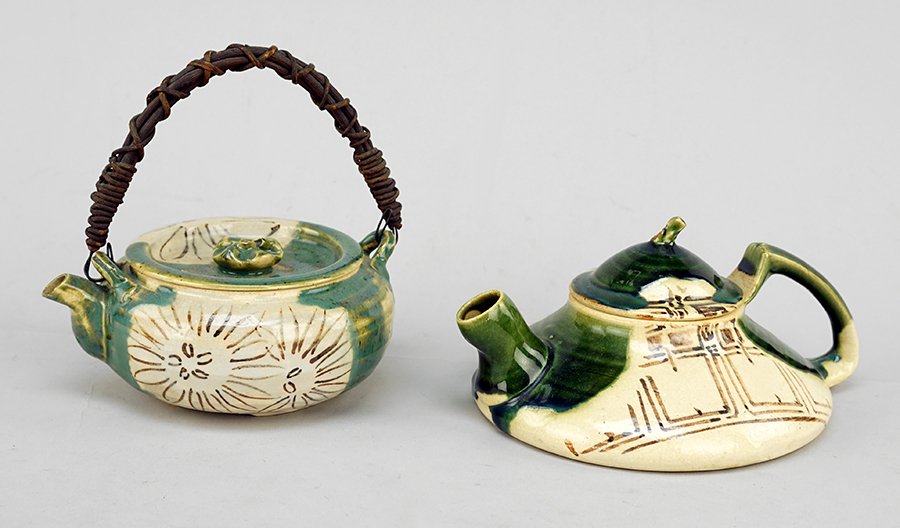 Two 20th Century Japanese Oribe Stoneware Teapots. (1 of 1)