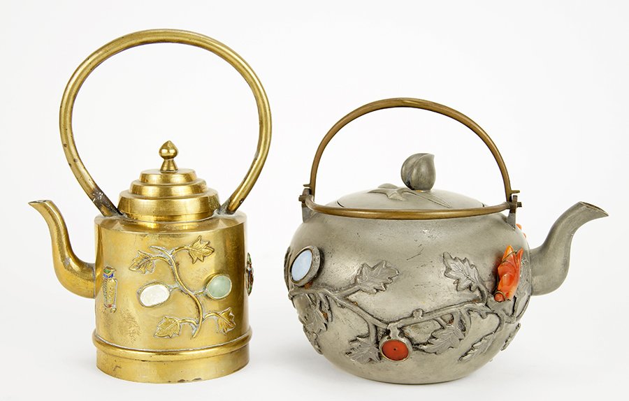 A Chinese Pewter Hardstone Inset Teapot. (1 of 1)