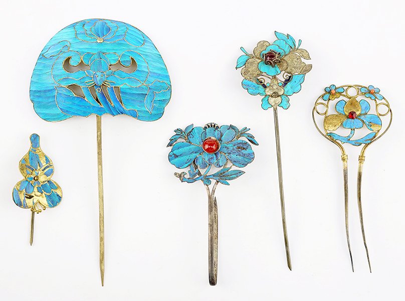 Five Chinese Kingfisher Feather Hair Pins. (1 of 1)
