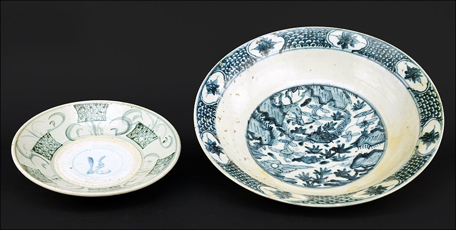 Two Chinese Blue and White Porcelain Shallow Bowls.: Two Chinese Blue and White Porcelain Shallow Bowls. Possibly Ming dynasty Larger diameter: 16" Smaller: 11"