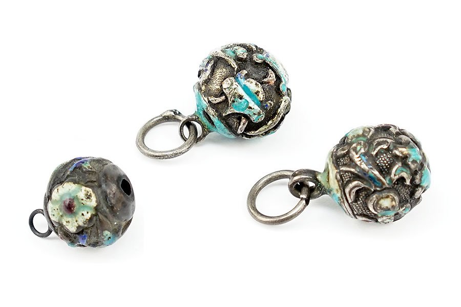 Three Cloisonne Enameled Nepalese Beads.: Three Cloisonne Enameled Nepalese Beads. Provenance: The Estate of Dorothy B. Edinburg Each diameter: .5"