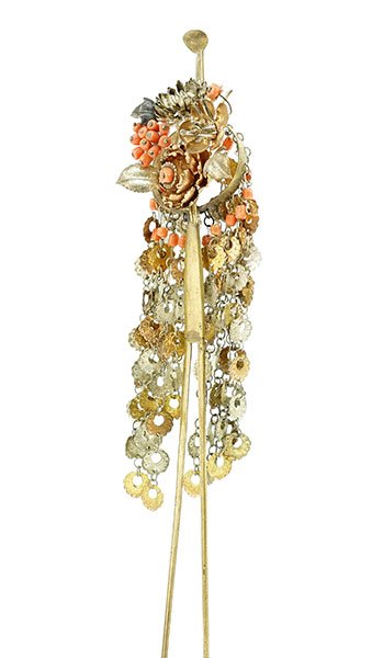 A Japanese Edo/Meiji Period Hairpin.: A Japanese Edo/Meiji Period Hairpin. Silver and goldtone beaded strands cascade from a central foliate form consisting of silver and goldtone flowers with small stone beads. Provenance: The Estate of 