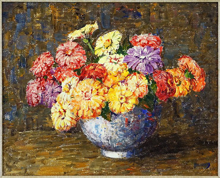 Dines Carlsen (American, 1901-1966) Zinnias in a Blue (1 of 2)