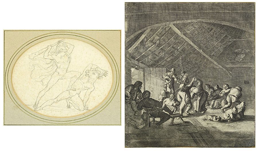 Attributed to Bartolomeo Pinelli (Italian, 1781-1835): Attributed to Bartolomeo Pinelli (Italian, 1781-1835) Theseus and the Minotaur. Pencil drawing. Together with an etching of a Dutch tavern scene Pinelli Sight: 6" x 7.75" Frame: 10.25" x 12.75"