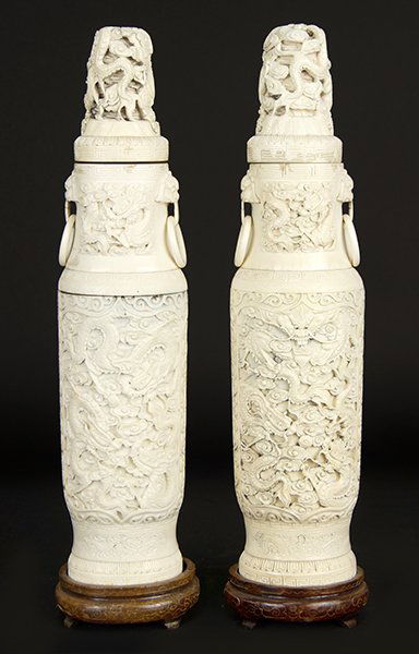 A Pair of Chinese Carved Ivory Urns. (1 of 2)
