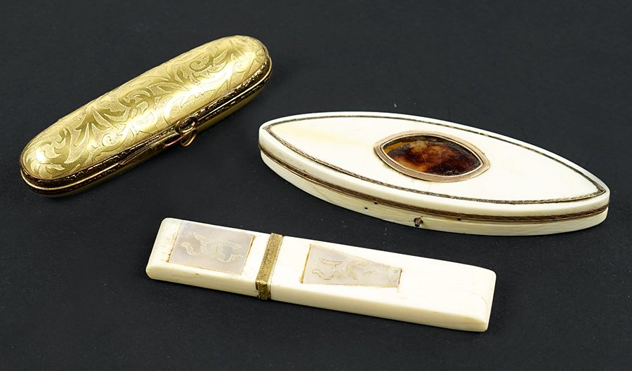 A 19th Century Ivory and Tortoise Shell Needle Case.: A 19th Century Ivory and Tortoise Shell Needle Case. Together with a bone and mother-of-pearl needle case (Length: 3.5"), and a Limoges gilt porcelain needle case 3.5" x 1.25"