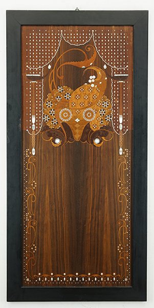 An Art Nouveau Mixed Inlay Panel.: An Art Nouveau Mixed Inlay Panel. Abalone, bone, and mixed wood inlay depicting abstract scenery 45" x 22"