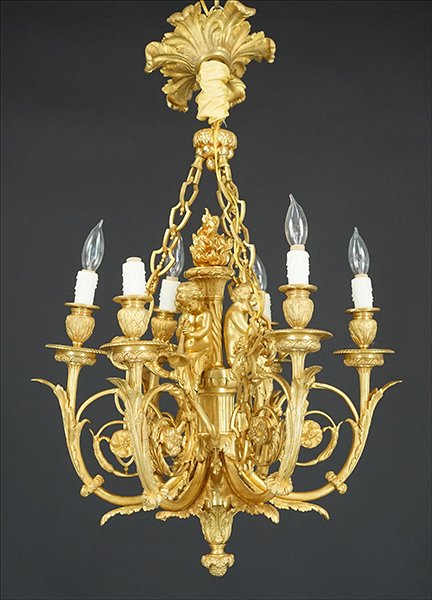 A French Gilt Metal Six-Light Chandelier. (1 of 5)