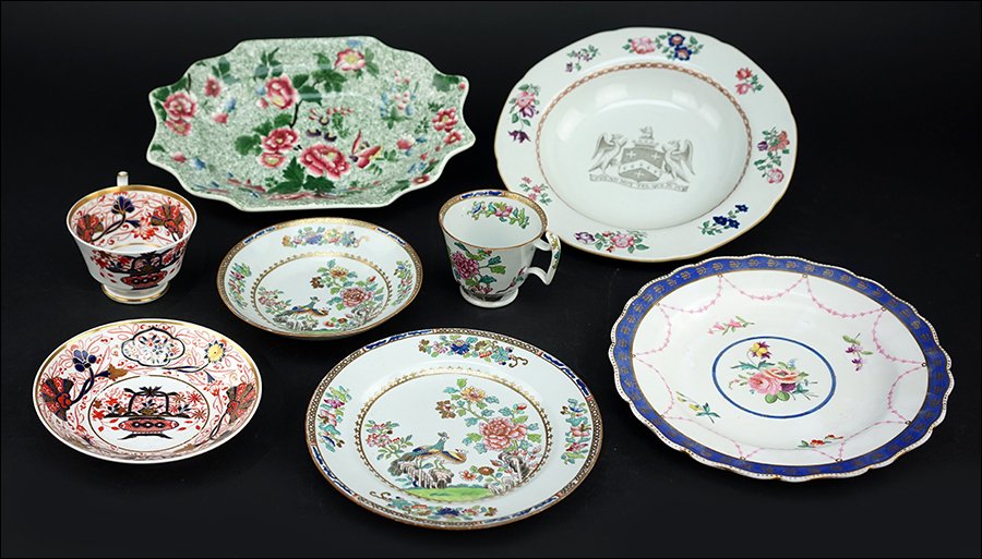 A Collection of English Spode Porcelain.: A Collection of English Spode Porcelain. Comprising a Spodes New Stone peacock plate and teacup with saucer, a Spode Imari teacup and saucer, a Spodes New Stone armorial bowl, a Spode's New Fayence Ch