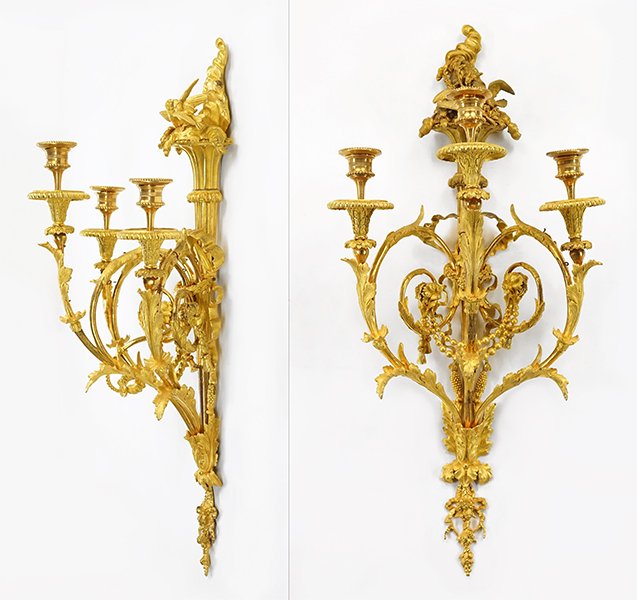 A Pair of French Gilt Metal Three-Light Wall Sconces. (1 of 8)
