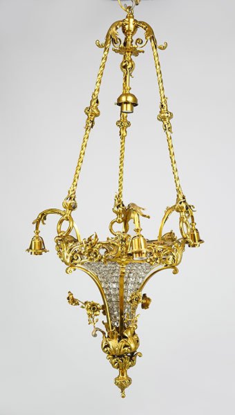 A Gilt Metal and Crystal Three-Light Hanging Fixture.: A Gilt Metal and Crystal Three-Light Hanging Fixture. 48" x 24"