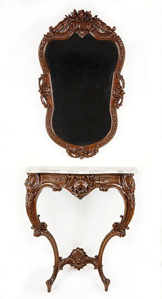 A Contemporary Marble Top Console Table.: A Contemporary Marble Top Console Table. Wall mounted table with removable marble top (35" x 32" x 14"). Together with a coordinating mirror (44" x 26")