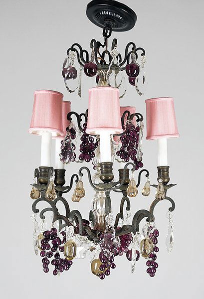 A Patinated Metal Five-Light Hanging Fixture.: A Patinated Metal Five-Light Hanging Fixture. Clear glass stem with five arms, suspended from which are glass grape clusters, clear lusters, and glass pears 20" x 14"