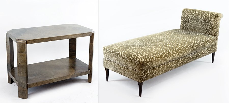 A J. Robert Scott Contemporary Chaise Lounge.: A J. Robert Scott Contemporary Chaise Lounge. Together with a J. Robert Scott contemporary lacquered two tier table Table: 27" x 40" x 21" Chaise: 34" x 78" x 29