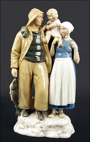 A Bing & Grondahl Porcelain Figure.: A Bing & Grondahl Porcelain Figure. Number 2025, depicting a fisherman and his family, bearing maker's mark on the underside Height: 12.5"