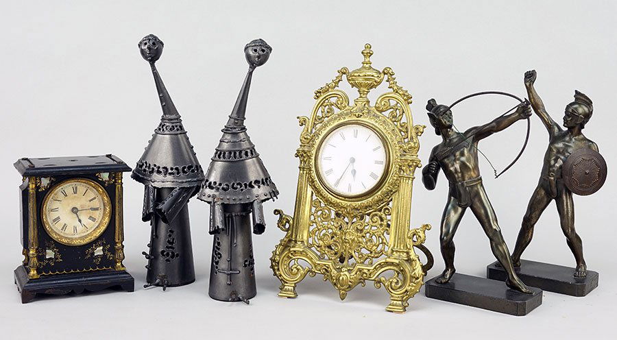 A French Gilt Bronze Easel Clock.: A French Gilt Bronze Easel Clock. Together with a black metal and abalone inlaid clock, a pair of metal warriors, and a pair of metal monk figures (Height: 13"). Susanin's will not comment on the work
