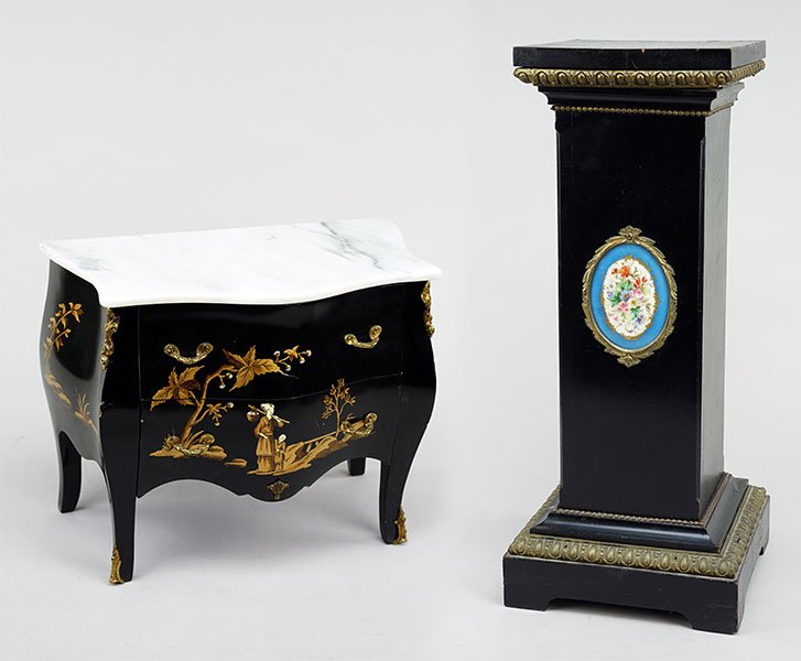 An Ebonized Wood Pedestal.: An Ebonized Wood Pedestal. Bearing a painted porcelain medallion and bronze trim. Together with a diminutive chinoiserie decorated marble top commode Pedestal height: 24.75"