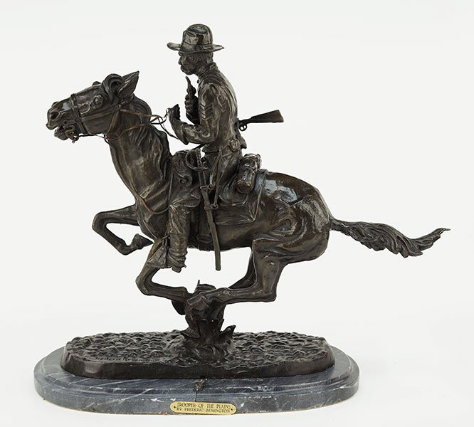 A Patinated Bronze Figure of a Horse and Rider.: A Patinated Bronze Figure of a Horse and Rider. Signed "Frederic Remington". Raised on a 1.5" marble base Bronze: 19.5" x 16" x 6"