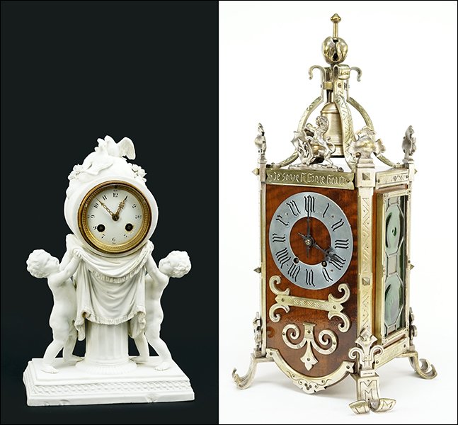 A German Mantle Clock.: A German Mantle Clock. Walnut case with brass mountings. Together with a white bisque porcelain mantle clock (14" x 9" x 4.5"). Susanin's will not comment on the working condition of any watch or cloc