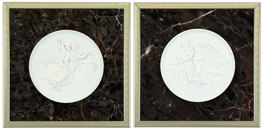 Two Parian Ware Figural Relief Plaques.: Two Parian Ware Figural Relief Plaques. Mounted to marble and framed, unsigned Plaque diameters: 6" Frames: 10.25" x 10.25"