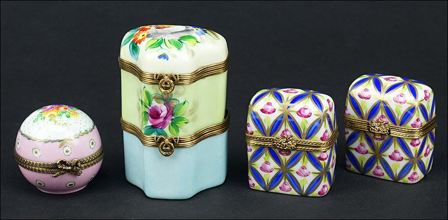 A Pair of Limoges Porcelain Boxes.: A Pair of Limoges Porcelain Boxes. Both with two glass perfume bottles on the inside. Together with a Limoges porcelain double stack box with perfume bottles on the inside and a round porcelain Limoge