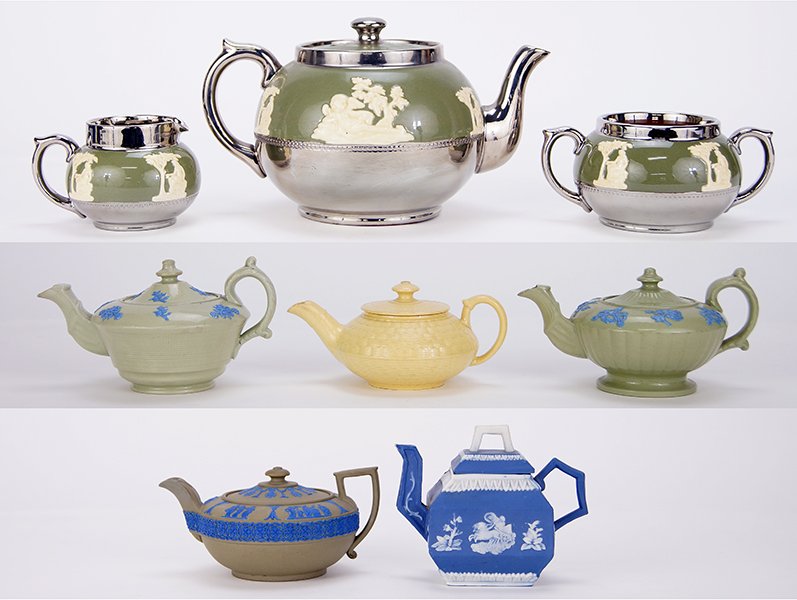 A Gibsons Three Piece Tea Service.: A Gibsons Three Piece Tea Service. Comprising a teapot, open sugar bowl, and creamer. Together with a Wedgwood jasperware teapot, two jasperware teapots and two English porcelain teapots
