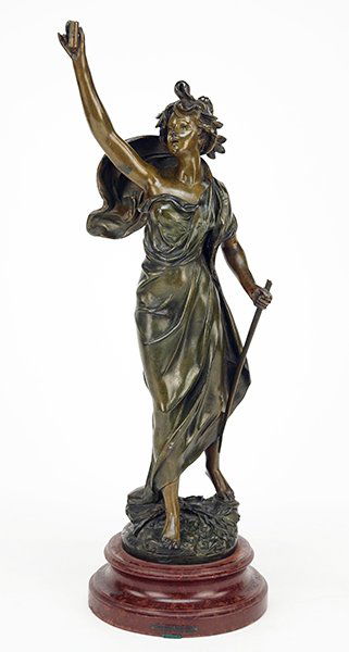 A Patinated Metal Figure After Emile Bruchon.: A Patinated Metal Figure After Emile Bruchon. Depicting 'Les Chants Patriotiques', mounted to a wood base, bearing artist's name in the ground Overall height: 23.5"